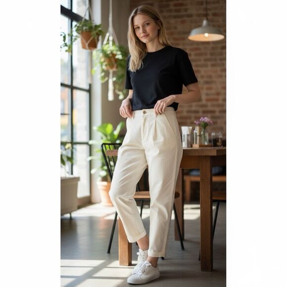 Anthropologie Women's Cream Pleated Cropped Straight Leg Trousers Size 26 - Picture 2 of 10